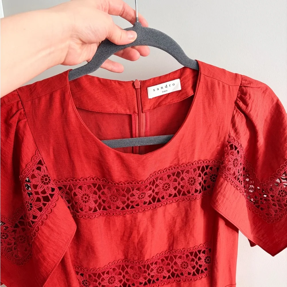NWOT Sandro Red Midi Dress with Lace Accents size EU34 - Picture 8 of 10